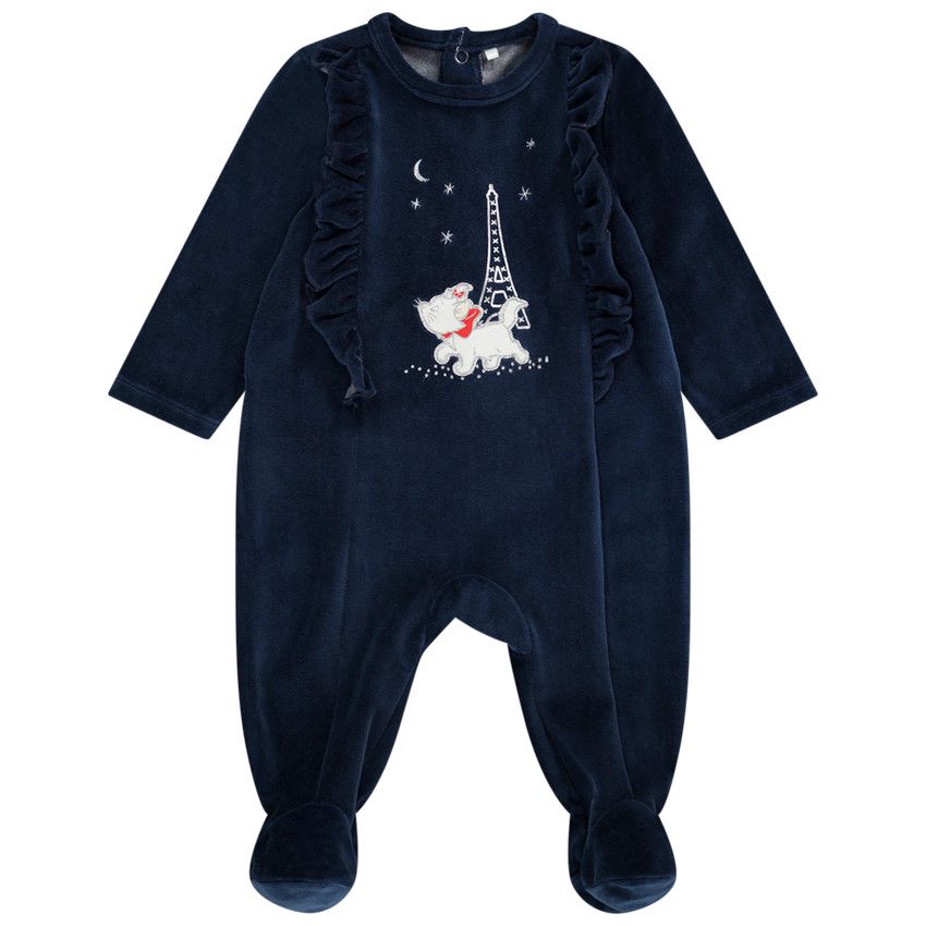 Dors-bien en velours dévoré avec détails volantés et print Marie Les Aristochats pour bébé fille - Bleu marine