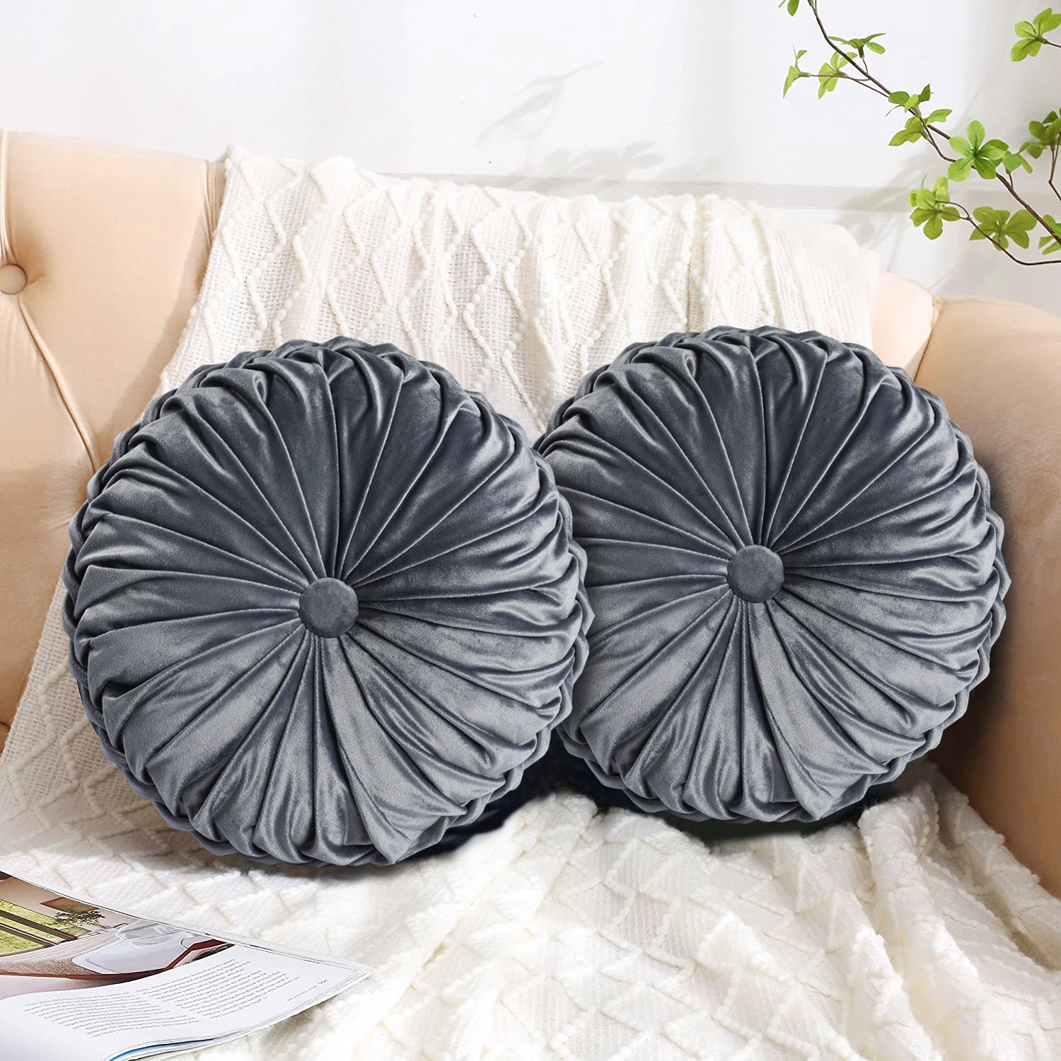 Set of 2 Decorative Velvet Round Pleated Throw Pillows,14.5" Diameter
