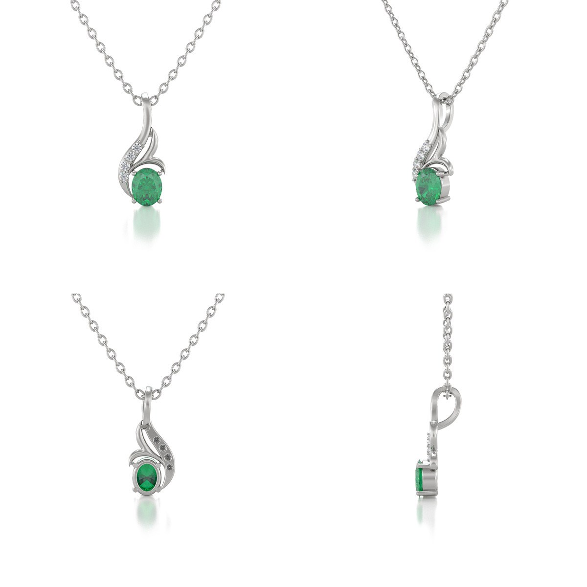 Collier Pendentif ADEN Or 585 Blanc Emeraude et Diamants Chaine Or 585 incluse 0.75grs