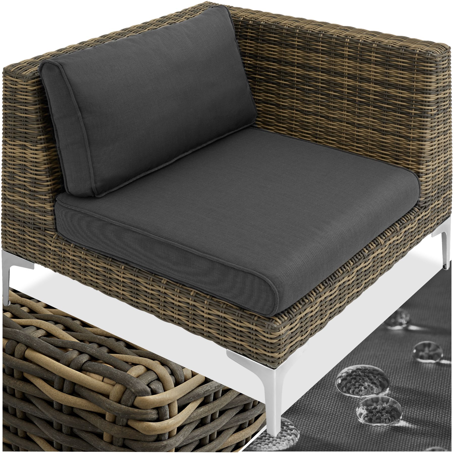 tectake® Modulares Rattanset, linkes Eckelement mit Aluminiumgestell, hochwertiges Geflecht, 89 x 89 x 72 cm