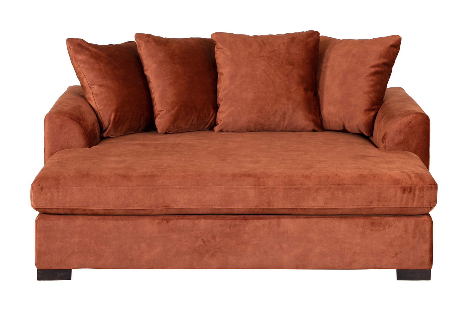 Boston daybed I velurtekstil Fuji Copper med sorte ben og løse puter.