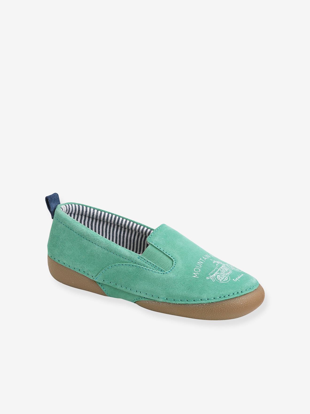 Pantufas de couro elástico para meninos, verde-escuras lisas com estampas.