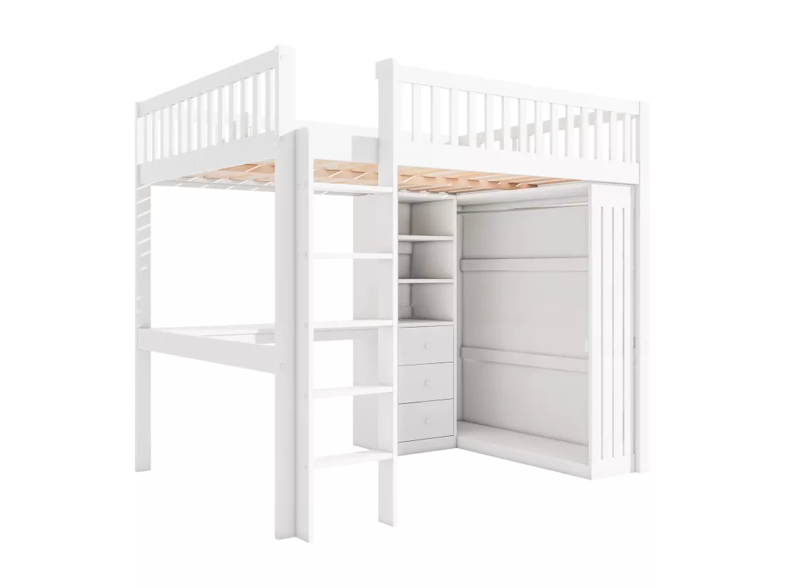 Lit mezzanine 140 x 200 cm avec bureau, armoire et 3 tiroirs - Pin + MDF - Blanc (sans matelas)