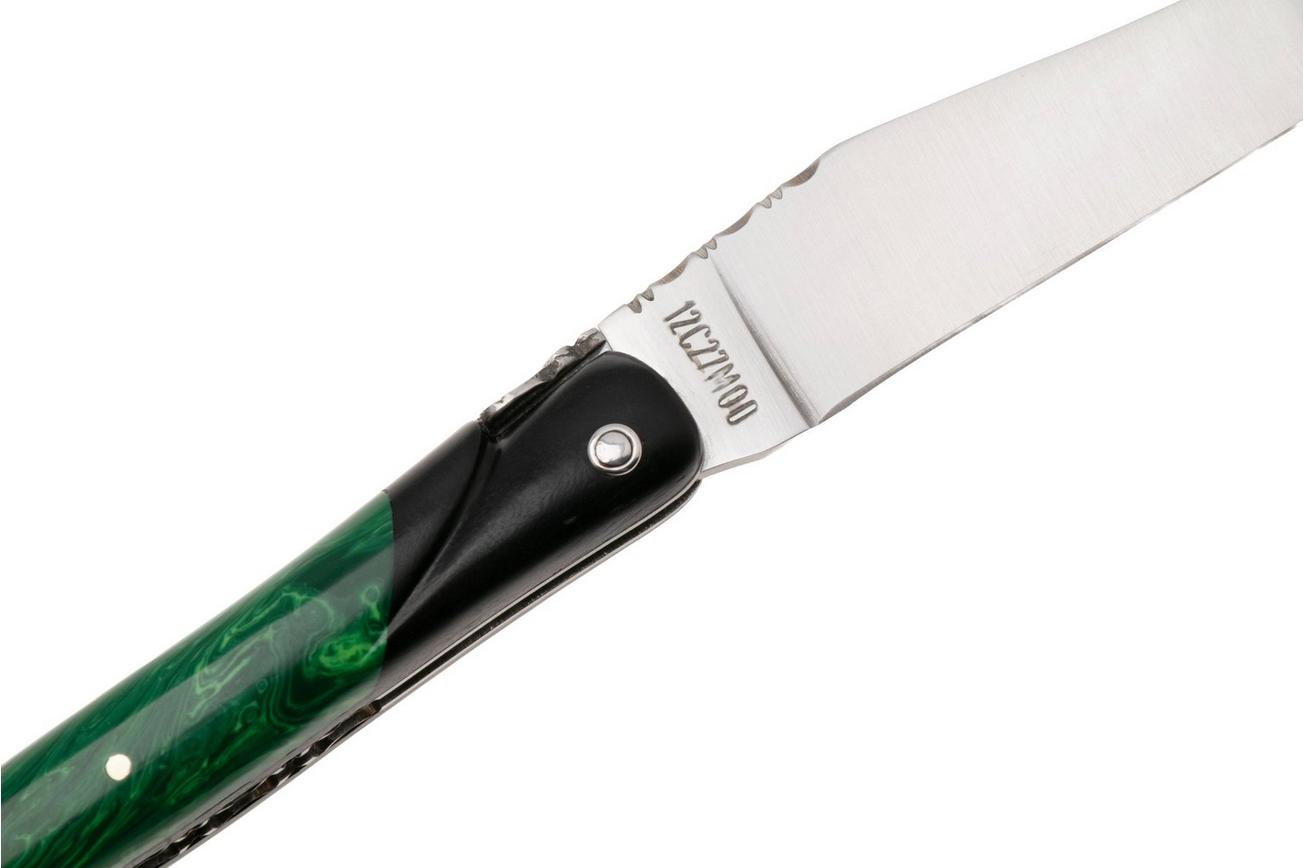 Laguiole en Aubrac Ebony, Malachite Inlay, Handcarved Plates, zakmes, 12 cm