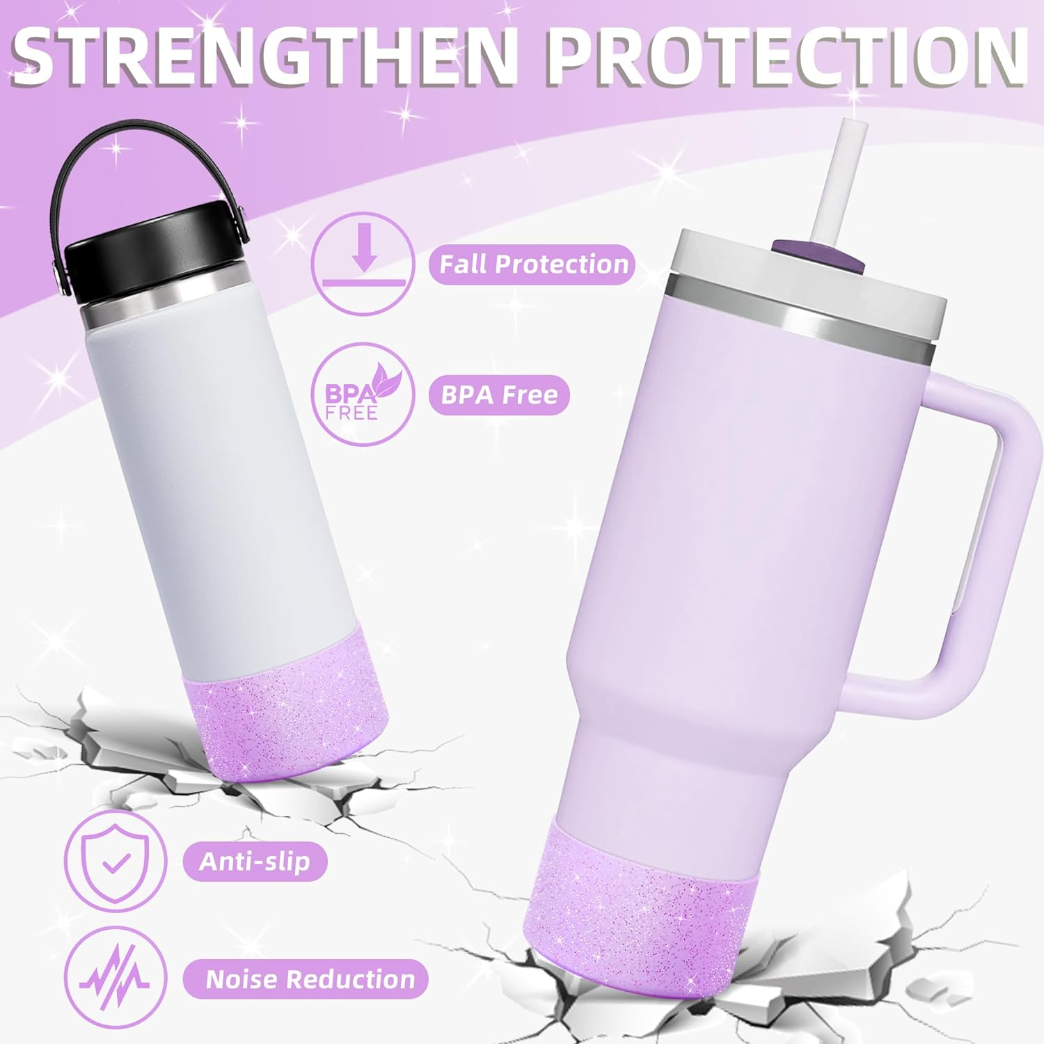 (Ø75x45mm) Silikon Flaschen Boden Manschette Schutz Hülle Anti-Rutsch Glitzer Abdeckung Accessoire für Stanley Cup Thermo Becher - Lila