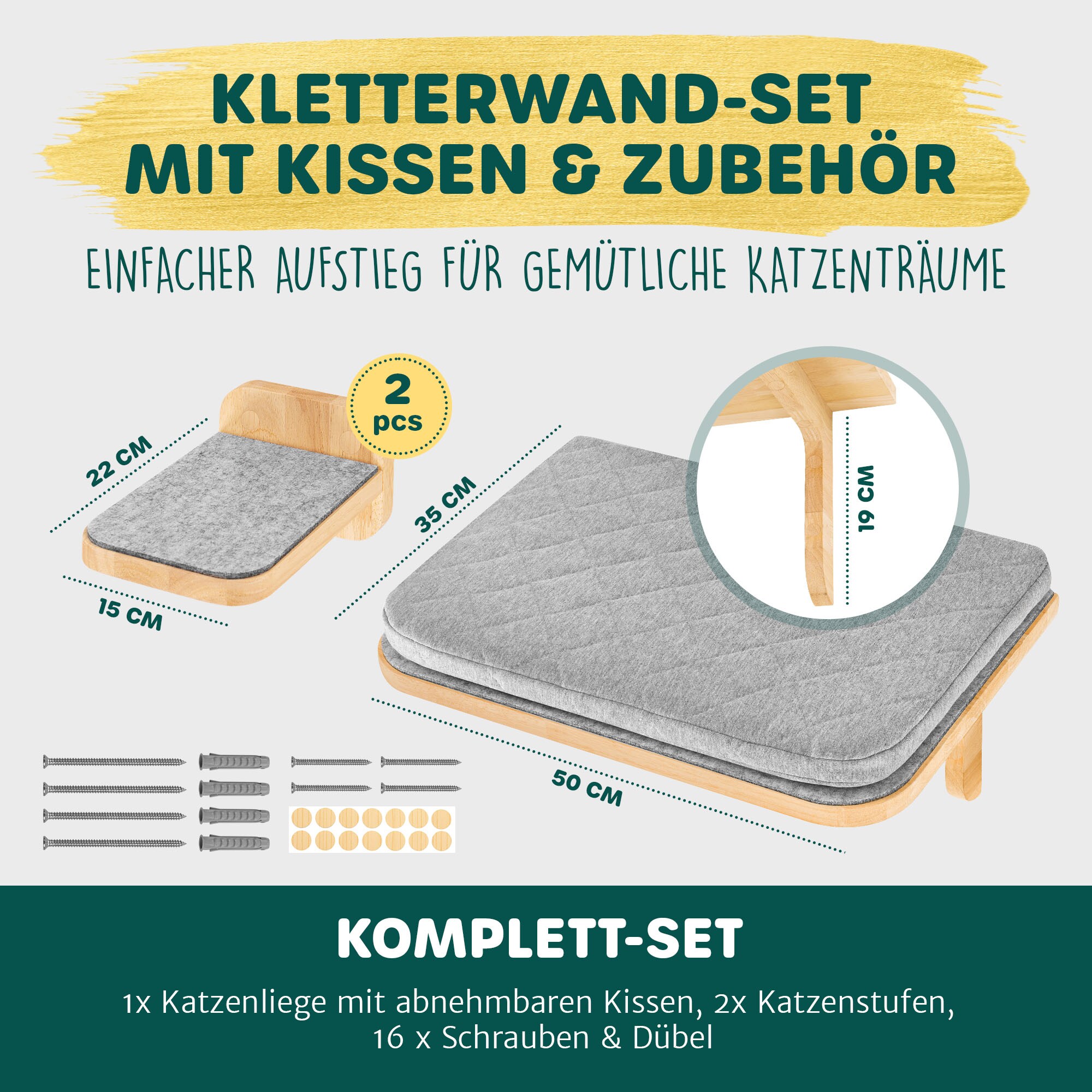 HAPPYPET Katzen Kletterwand Set 3-teilig für große Katzen– Wandkratzbaum mit Katzenbett, inkl. 4 x Katzenstufen Luxus Katzenwand Stabil, Katzenregal aus Massivholz, belastbar bis 45 Kg |2 Stufen M Kletterwand Set 2 M