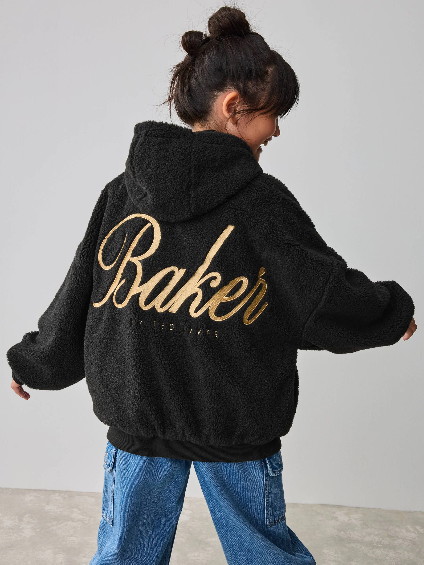Baker by Ted Baker Zwarte Borg Fleece Hoodie met Borduursel op de Rug