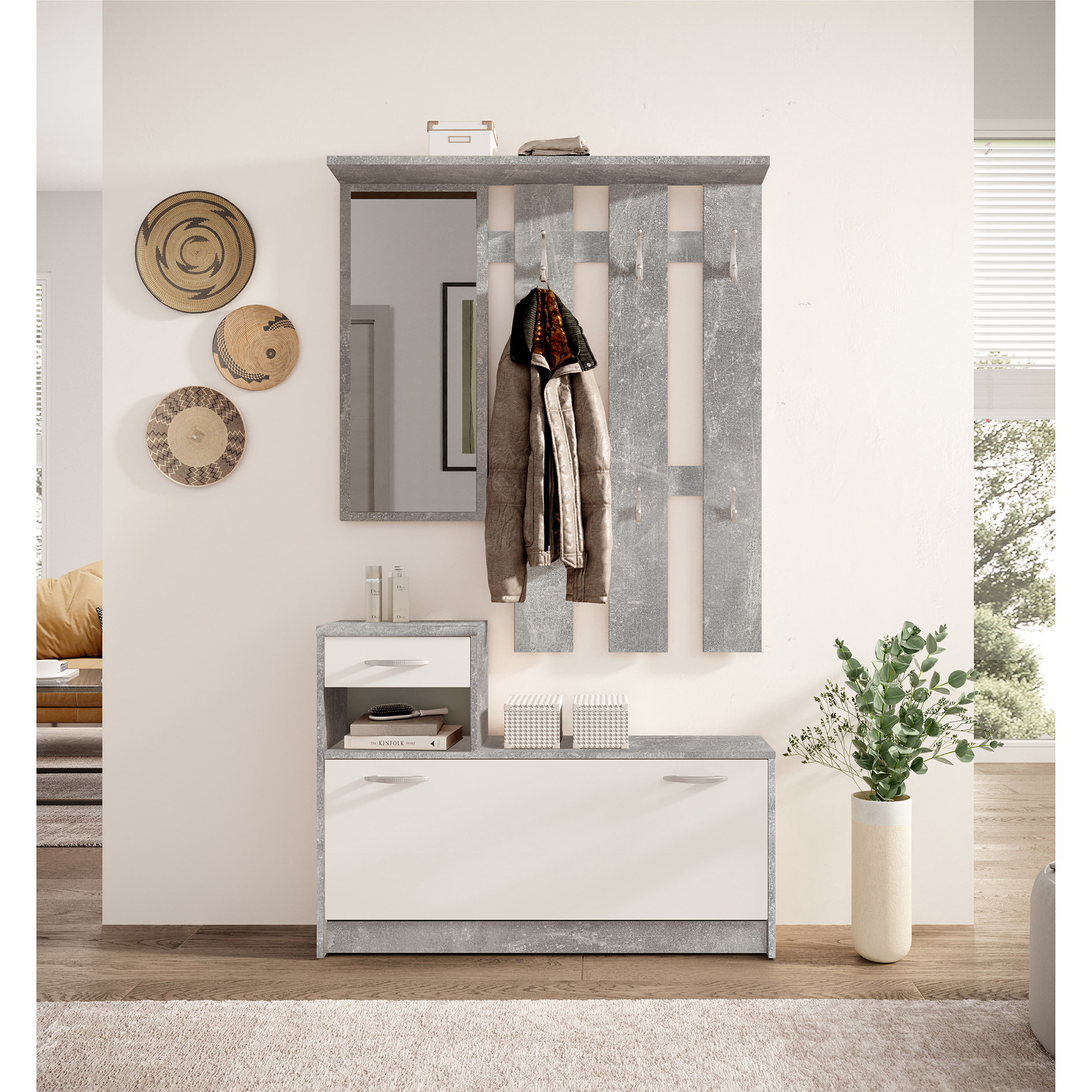 Garderobe - Betonoptik-weiß - mit Schubkasten