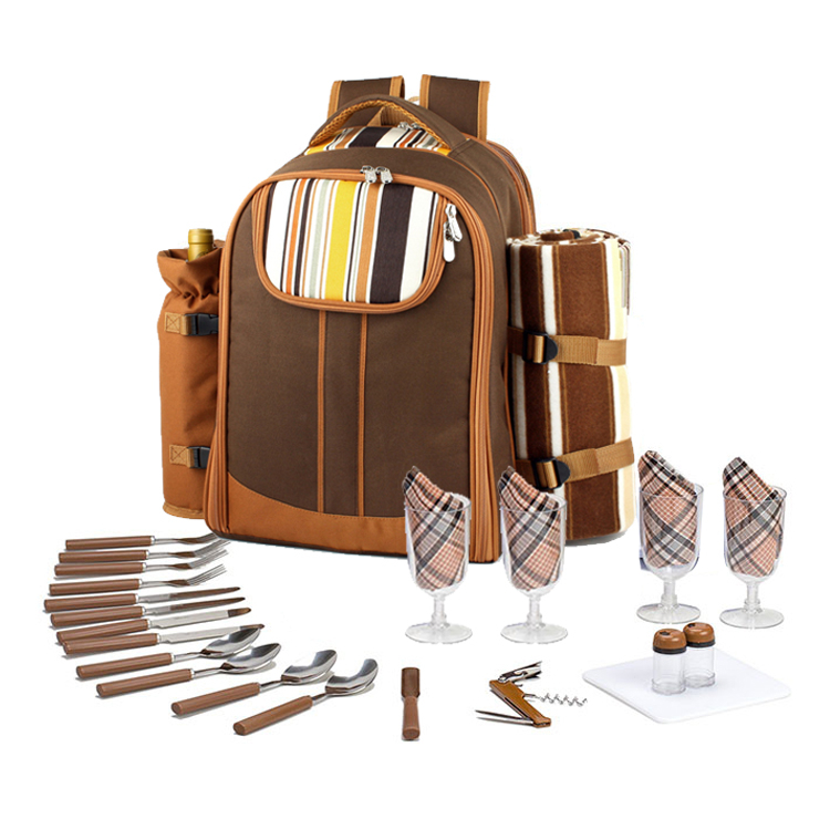 (33-tlg. Set) Praktischer Picknick Rucksack mit Decke   Geschirr - Braun