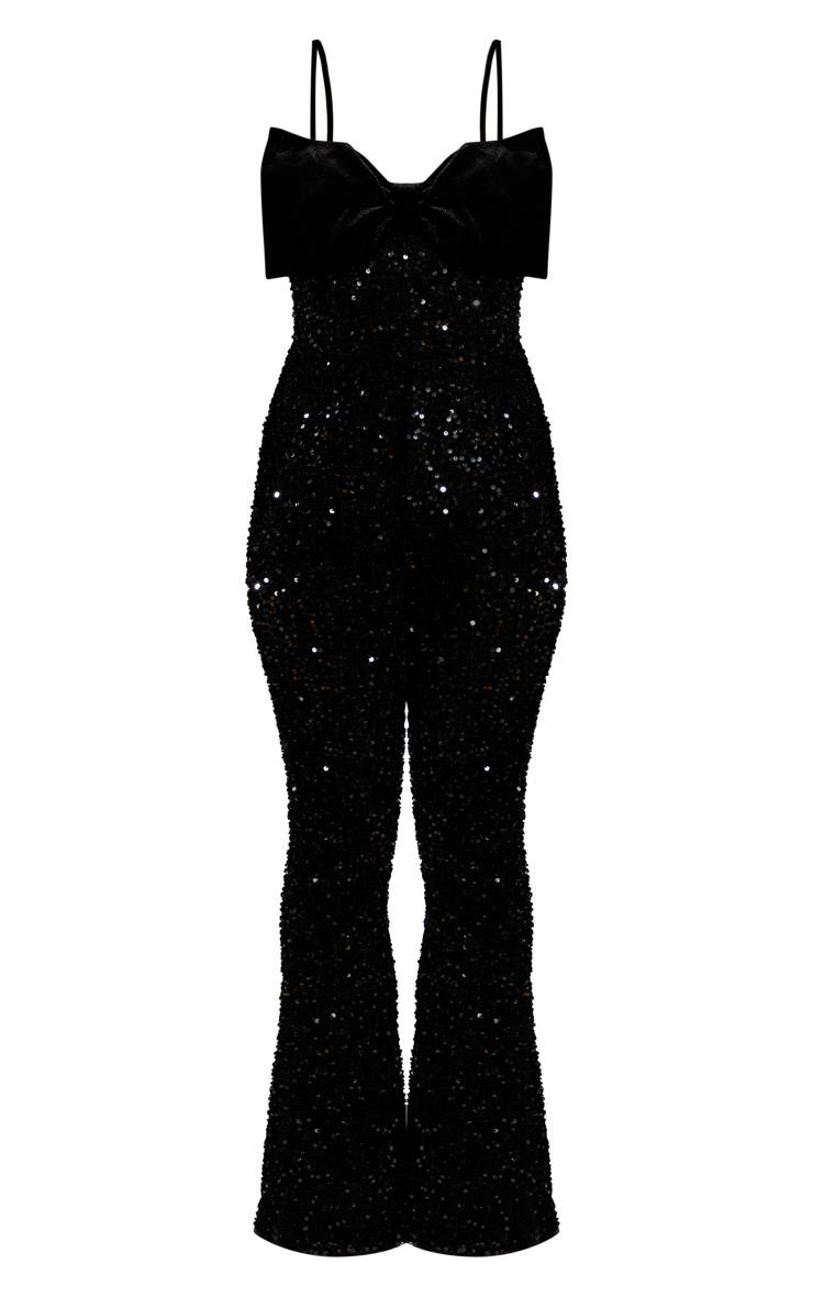 Noir Combinaison Évasée À Paillettes Avec Bretelles Et Nœud En Velours