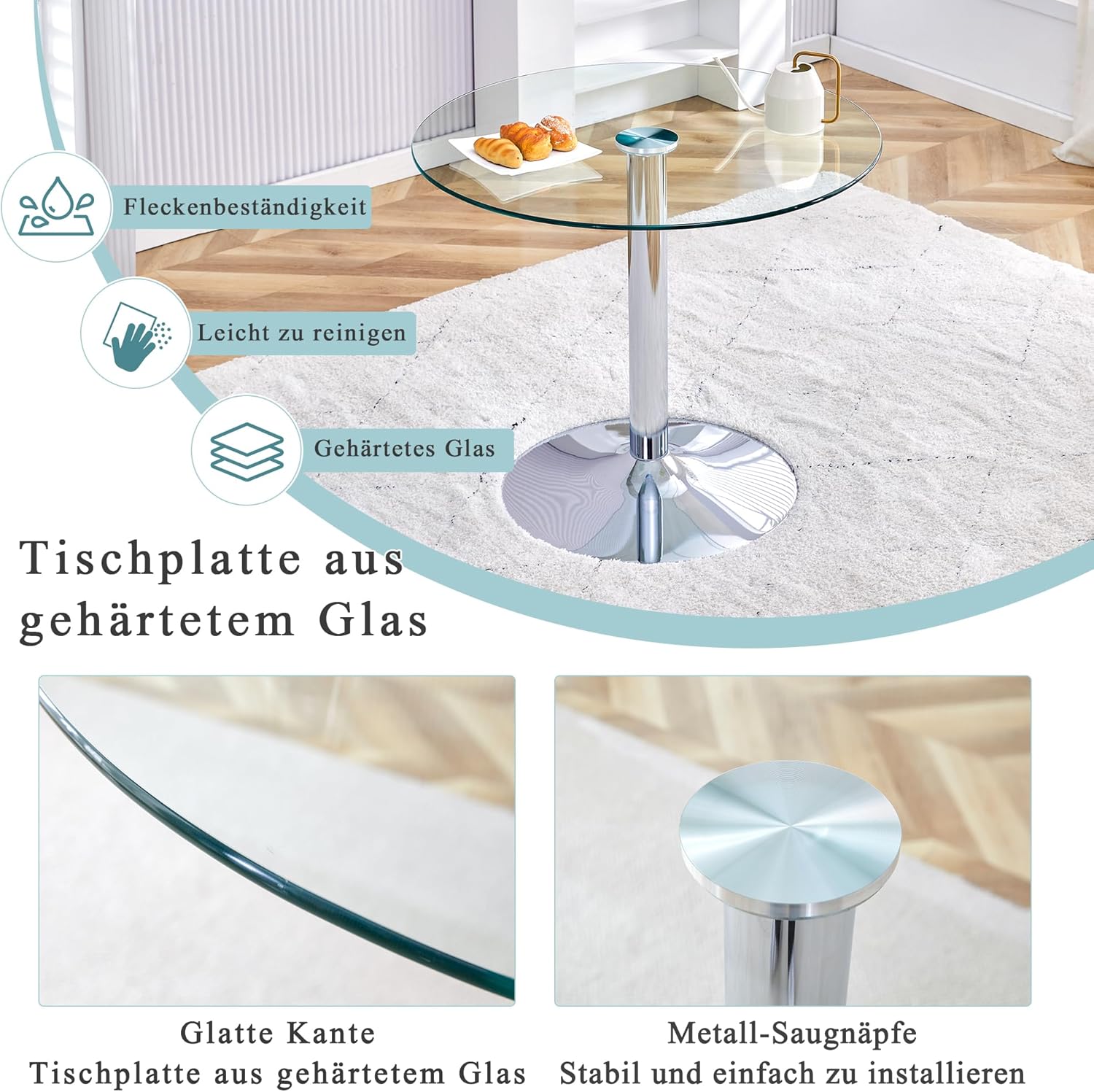 HAINEW Runder Glas Esstisch, Küchentisch Glastisch Esszimmertische mit Silberne runde Metallbeine für Esszimmer Wohnzimmer Küche, 85×85×76cm, HNDE2025111203 (85×85×76cm)