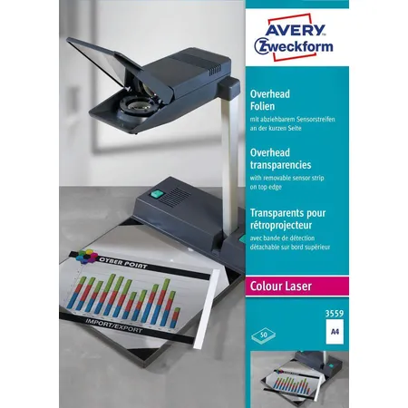 Avery Zweckform 3559 Overhead-Folien, DIN A4, einseitig beschichtet, Sensorstreifen auf kurzer Seite, 50 Bogen