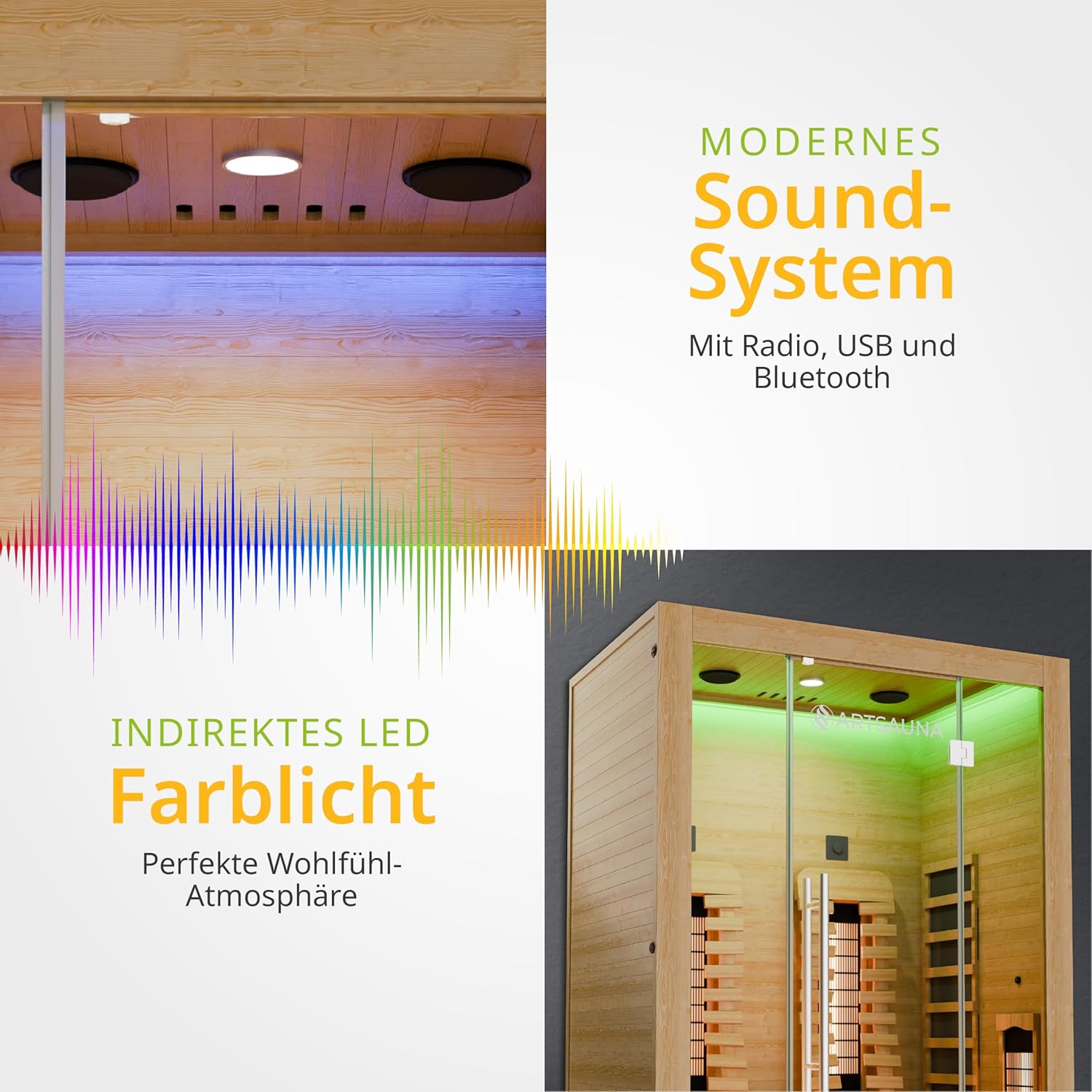 Artsauna Infrarotkabine Kiruna130 Premium mit Vollspektrum- & Flächenstrahler, 2 Person, 130x105x190 cm, LED Farblicht & Glastür, Infrarotsauna Sauna - Rückenstrahler dimmbar