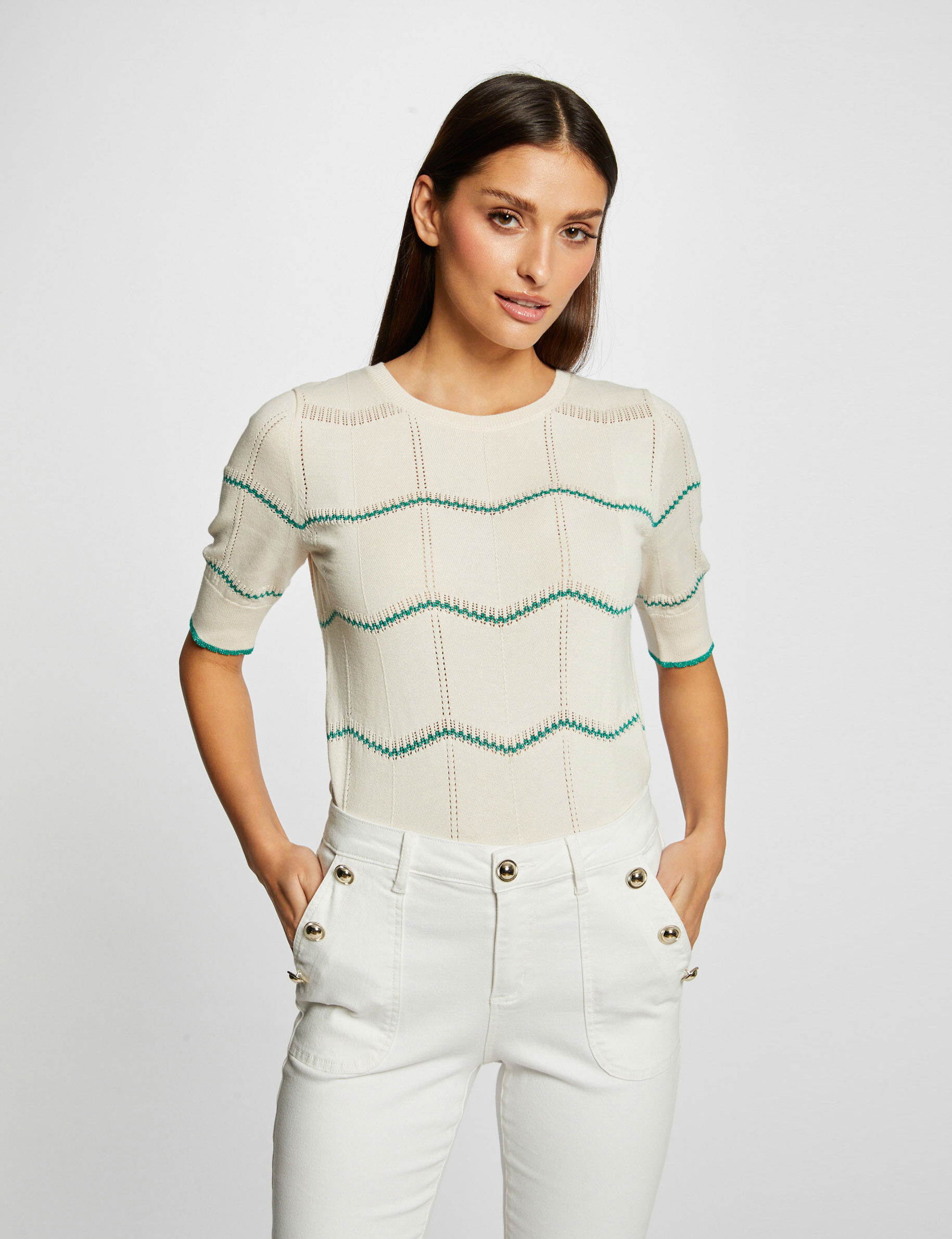 Pull manches courtes à rayures vert moyen femme - vert_moyen