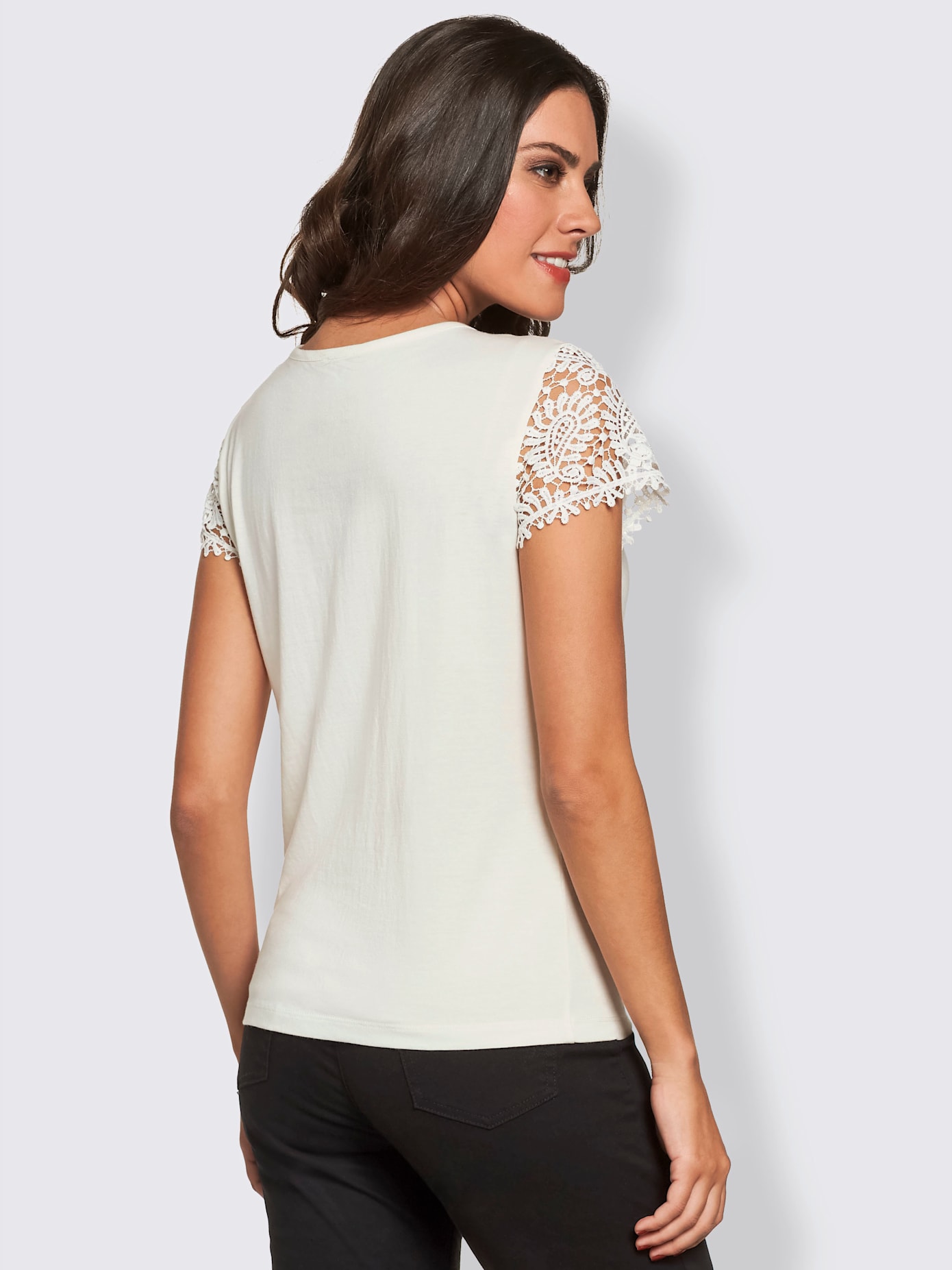 T-shirt mélange coton-modal haut et mancherons en broderie anglaise