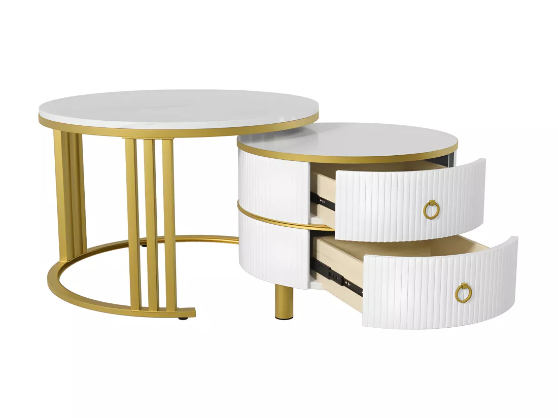 Lot de 2 tables basses gigognes avec 2 tiroirs - plateau à motif de marbre - Doré & Blanc