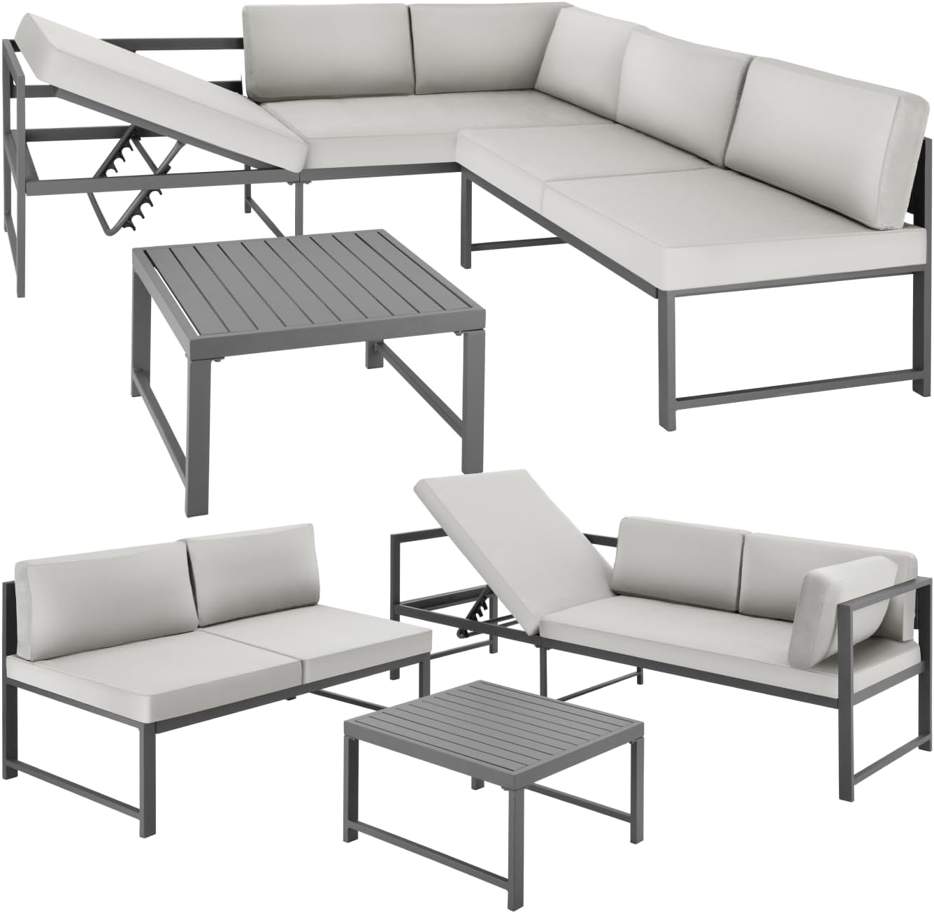 tectake® Gartenmöbel Set, 2X Sofa mit Kissen und Tisch, Sitzecke Outdoor Lounge mit Verstellbarer Rückenlehne, Möbel wetterfest für Balkon, Garten, Terrasse oder Wintergarten - hellgrau