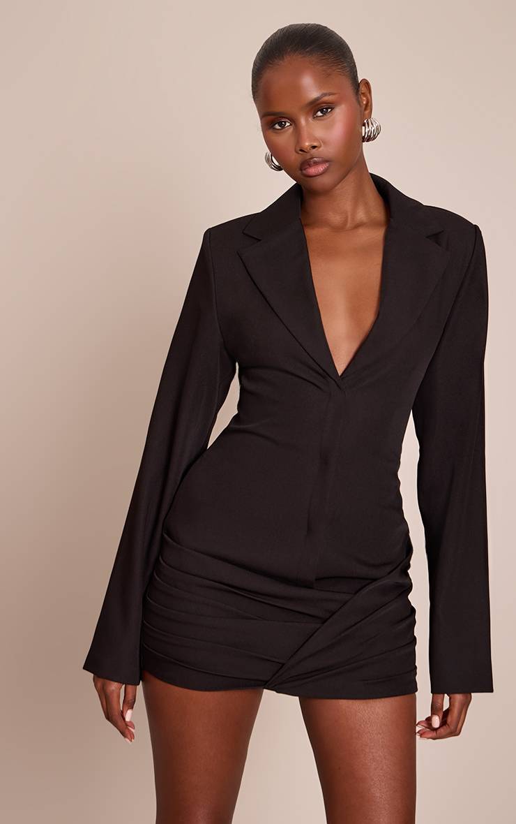 Noir Robe Blazer Tissée À Ourlet Croisé