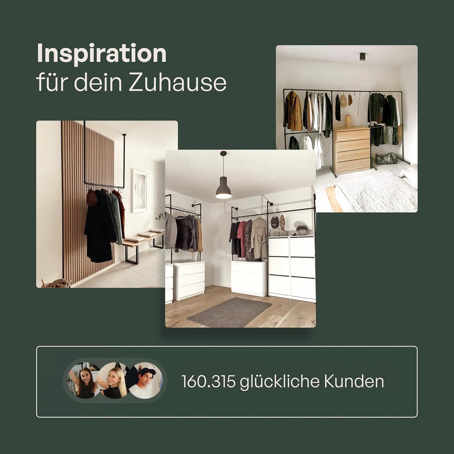 pamo Kleiderstange Wandmontage 296 x 222 cm - Begehbarer Kleiderschrank offen Kleiderständer industrial schwarz aus Metall Wasserrohren - 460 kg Traglast