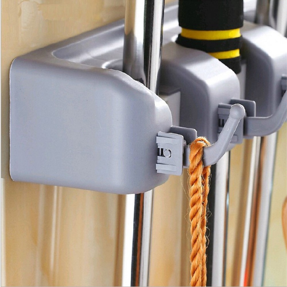 Wand Halterung Stauraum Organizer für Besen / Werkzeug / Mopp mit 4 Schnellspanner   5 Haken - Grau