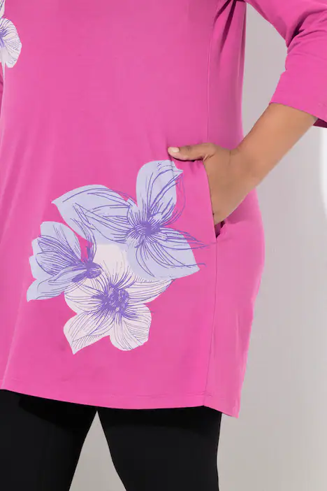 Longshirt, Blume, A-Linie, V-Ausschnitt, 3/4-Arm, helles fuchsia