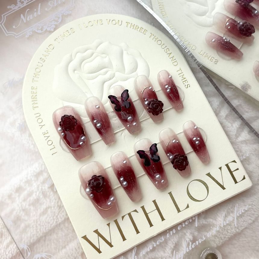 eovda - Butterfly Rose Faux Pearl Press On Nail