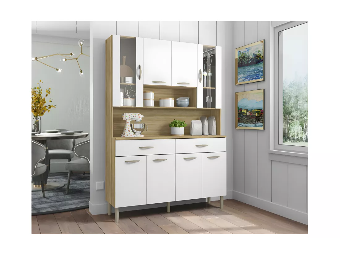 Buffet de Cuisine 8 Portes 2 Tiroirs Chêne et Blanc L 121.4 H 173.5 P 36.3 cm