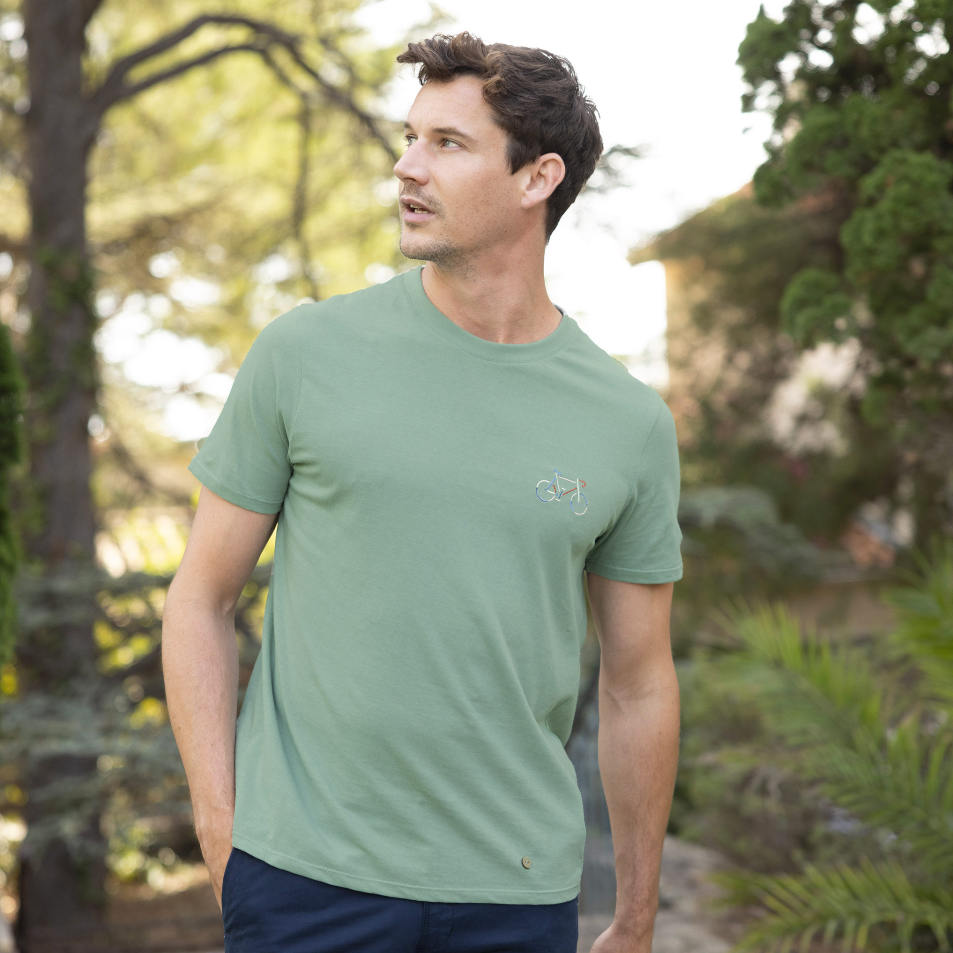 T-shirt col rond vert clair Vélo multicolore Coton - modèle Arcy