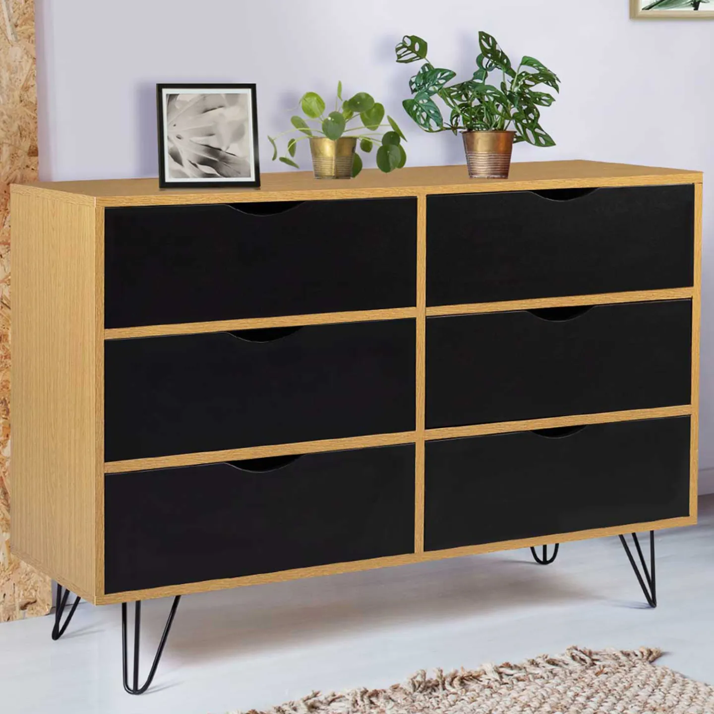 Commode 6 tiroirs vintage NOEMI 110 cm bois pied épingle