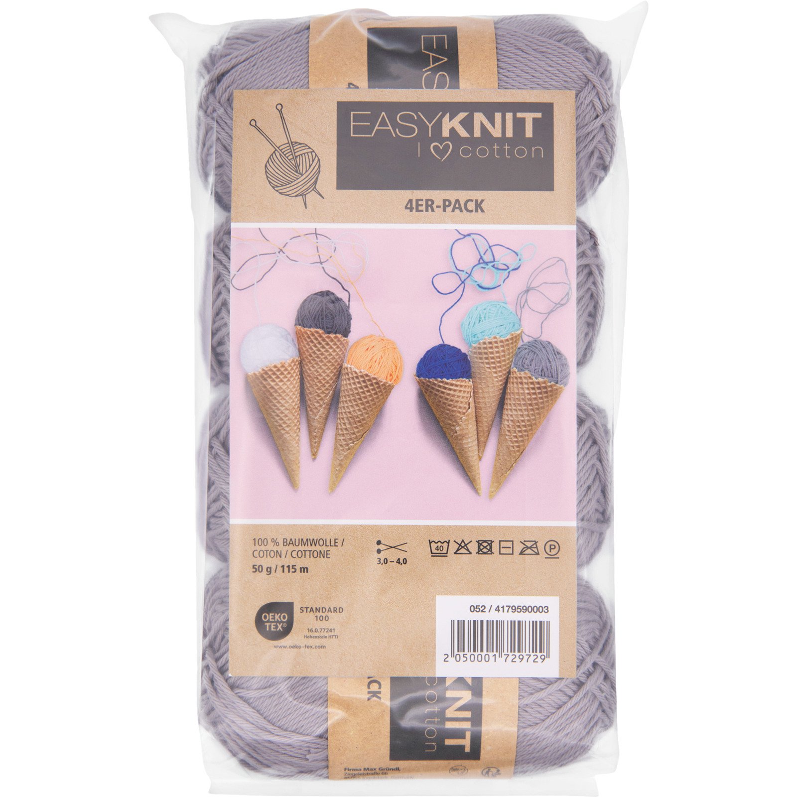 Baumwollgarn I love cotton 4er-Set, 4 x 50 g / Knäuel hellgrau