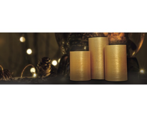 LED kaars Lafiora goud binnen op batterijen Ø 7,5 H 10/12/15 cm geel 3 stuks incl. timerfunctie