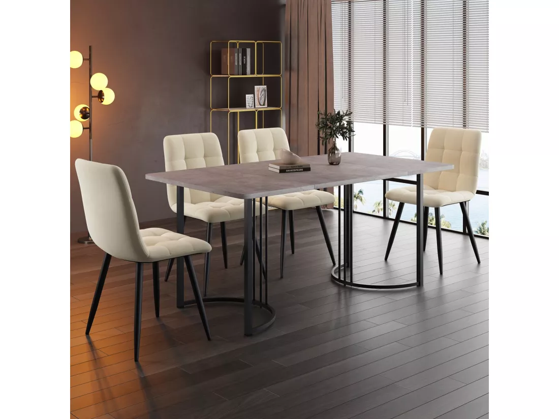 Table à manger avec 4 chaises ergonomique velours - effet marbre gris - MDF et cadre métallique - table pied réglable - 140x80x75cm