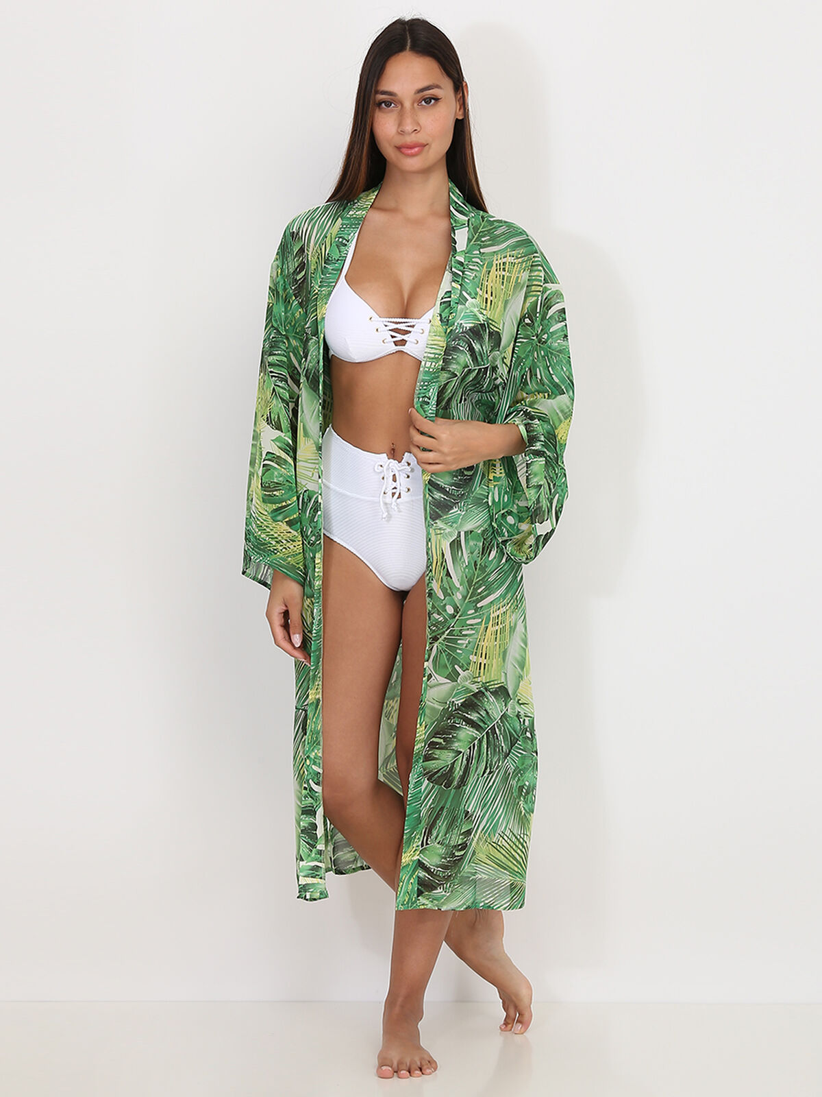 Kimono mi-long à imprimé tropical- Vert