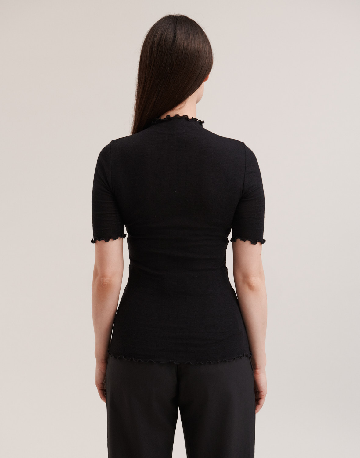 Pointelle T-shirt met hoge hals van merinowol/zijde voor dames
