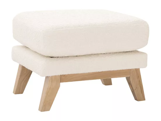 Pouf repose-pieds déhoussable scandinave en tissu effet laine bouclée blanc cassé et bois clair OSLO