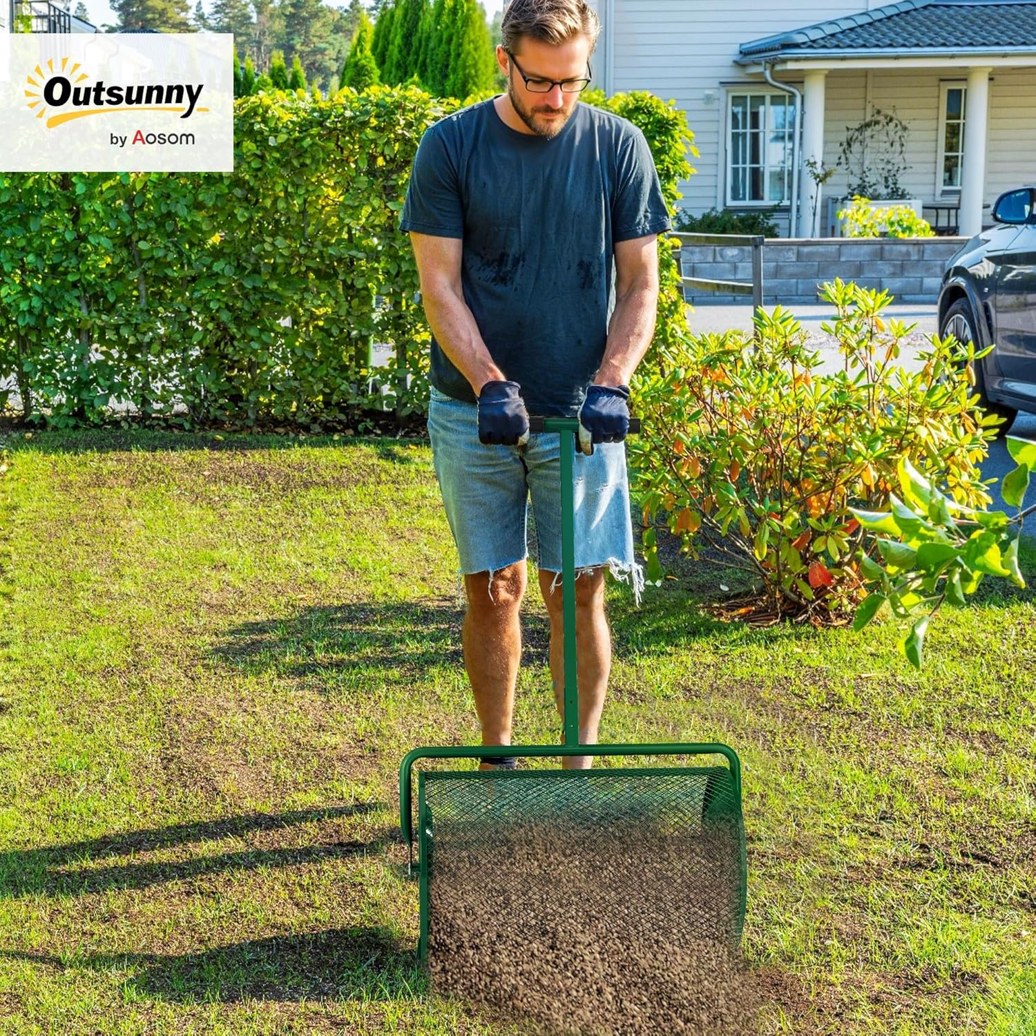 Outsunny Kompoststreuer, 24-Zoll-Torfmoosstreuer mit höhenverstellbarem T-förmigem Griff und Metallgitterkorb, Gartenstreuer zum Säen, Ausbringen von Dünger, Grün