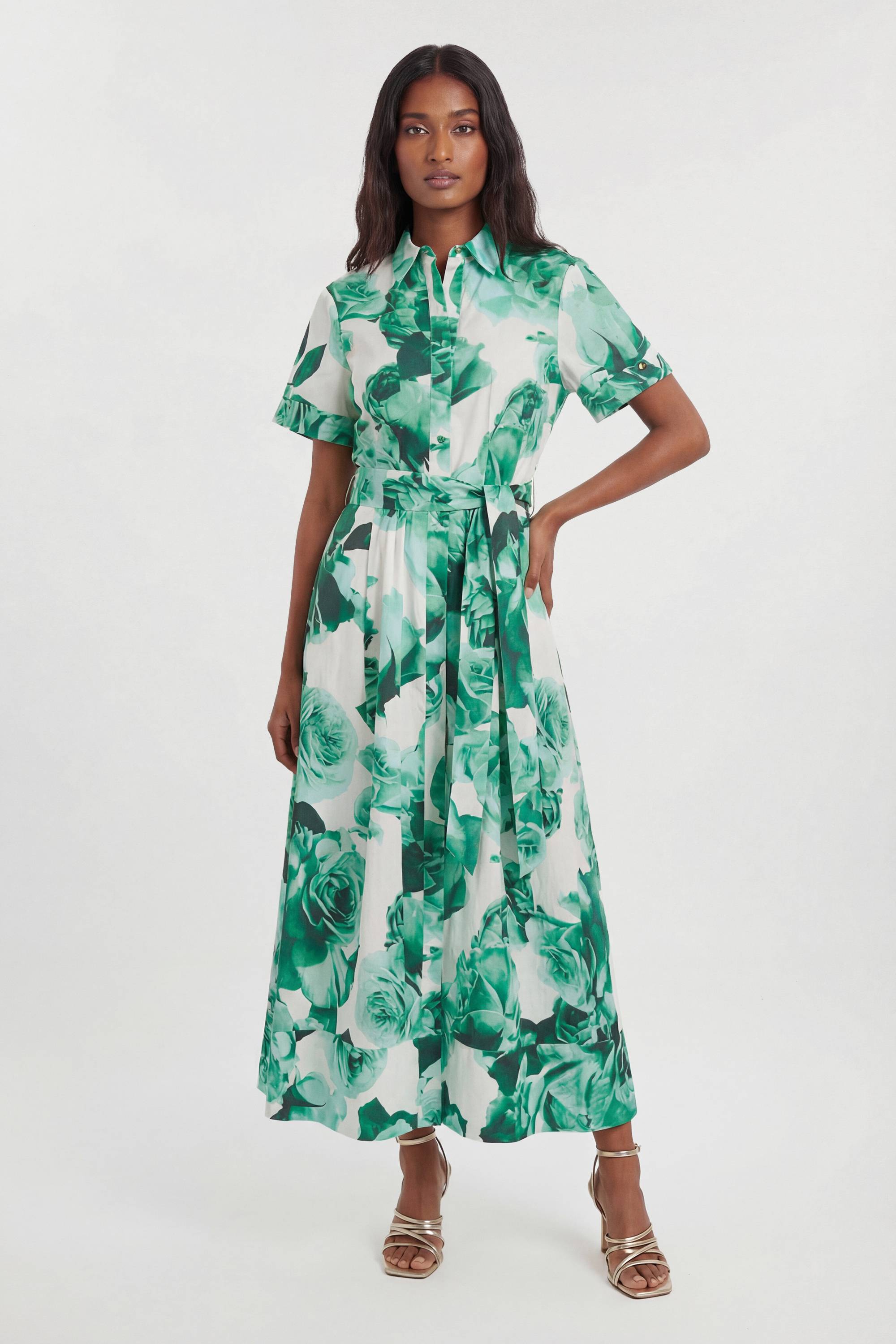 KarenMillen Robe Chemise Longue Ceinturée À Imprimé Floral Roses En Satin De Coton Tissé Petite Taille