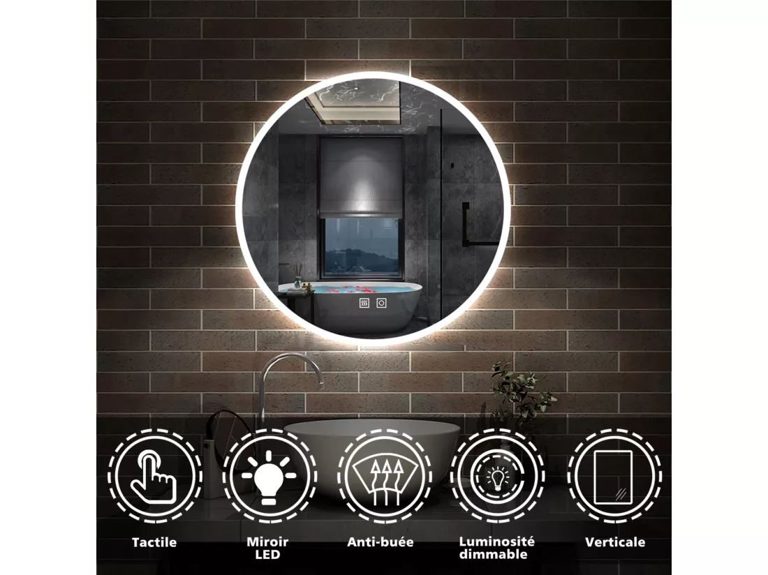 Miroir de Salle de Bain avec Anti-buée + 3 couleurs LED avec lumière et luminosité réglables Rond double interrupteur tactile ∅80cm