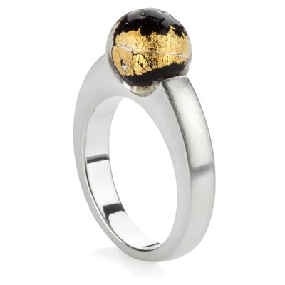 Fingerring Muranoglasperle, Gelb-Weiß-Schwarz, 53 (16,9 mm)