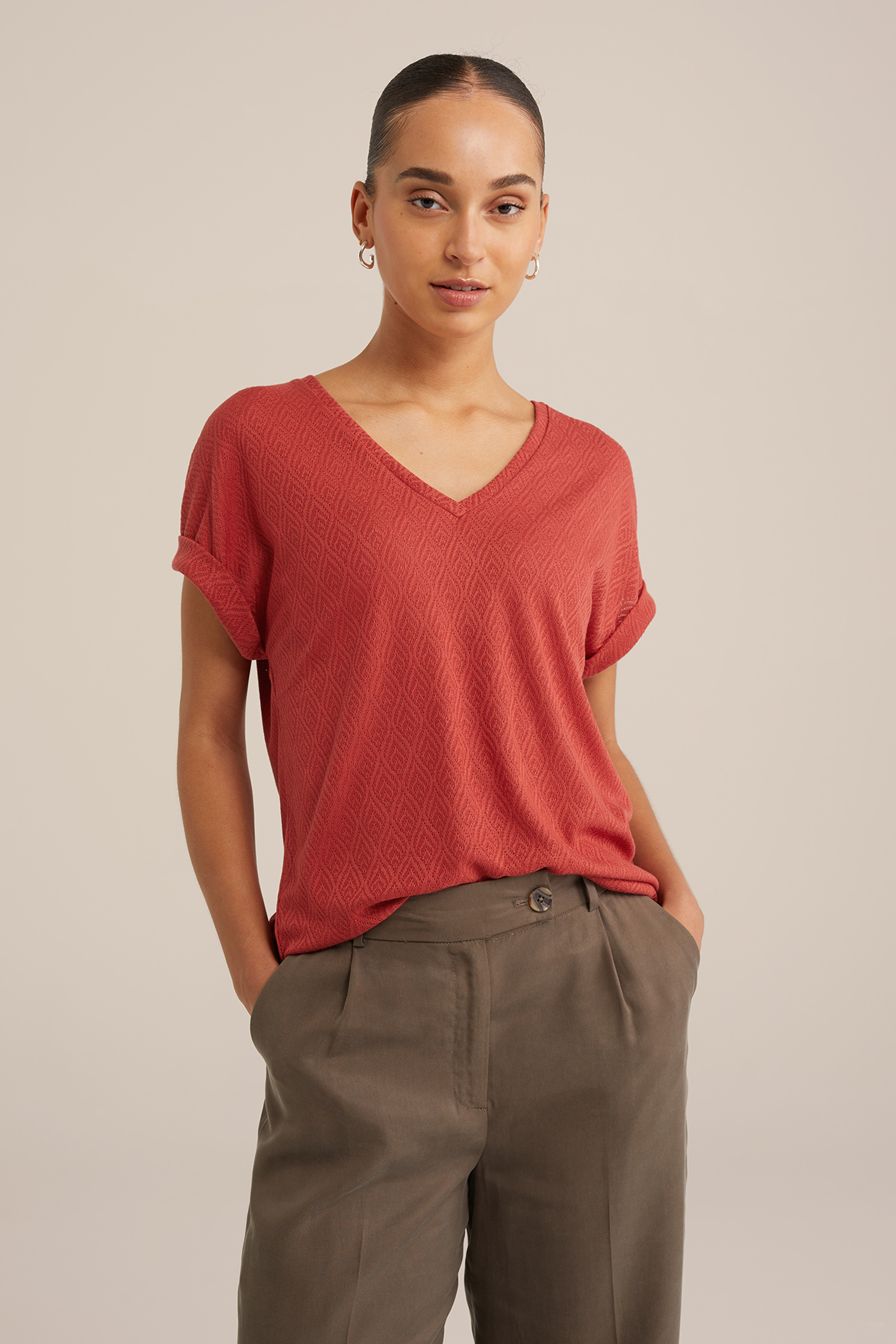 T-shirt met structuur WE Fashion Saffraan rood