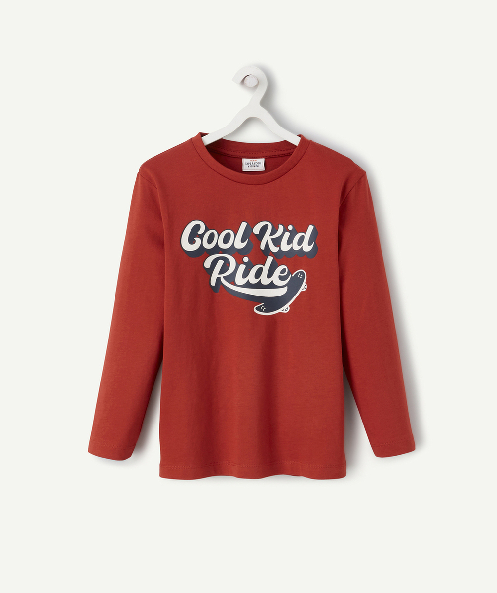 T-SHIRT GARÇON ROUGE EN COTON BIO AVEC MESSAGE ET SKATE