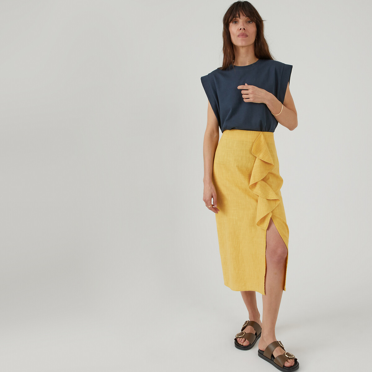 COLEÇÕES LA REDOUTE<br>Vestido midi com babados à direita
