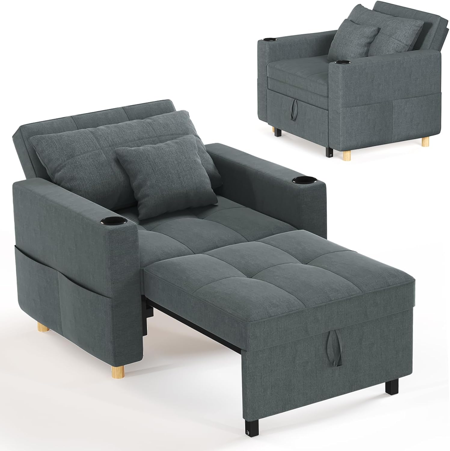YODOLLA Schlafsessel 3-in-1, Ultrabreiter Klappsessel-Bett mit Verstellbarer Rückenlehne, Getränkehalter & Seitentasche, Einzelsessel Schlafsofa mit Schlaffunktion für Wohnzimmer, Wohnung, Dunkelgrau