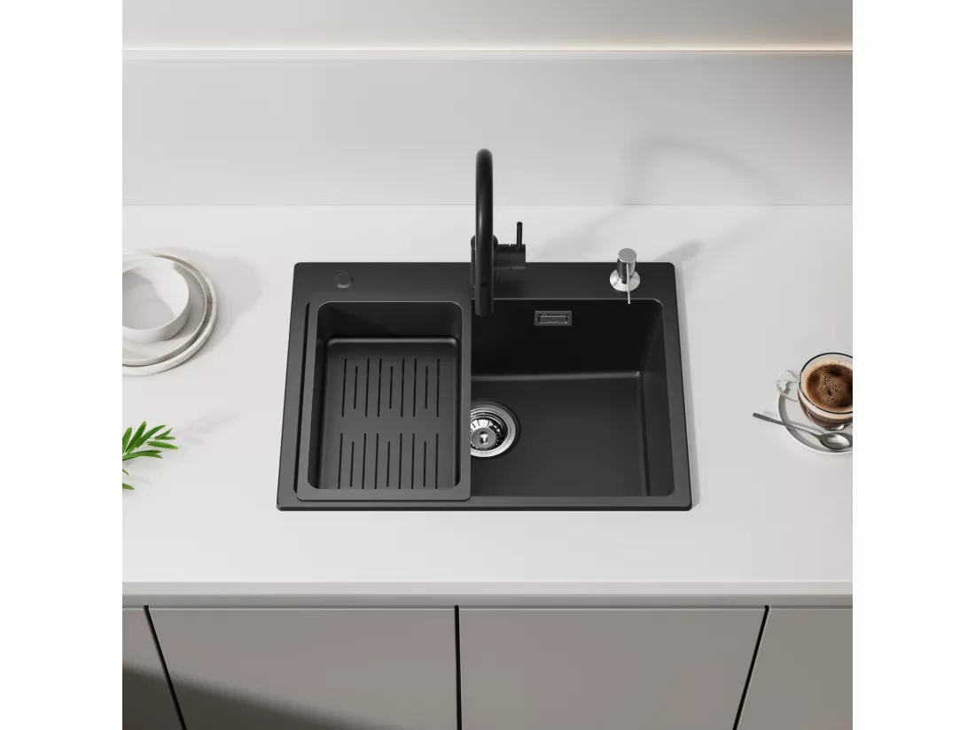 Cecipa max Evier en Quartz et Résine 60*45cm, avec Panier de Vidange et Distributeur de Savon + Mitigeur à Ressort Brossé avec Douchette Extractible