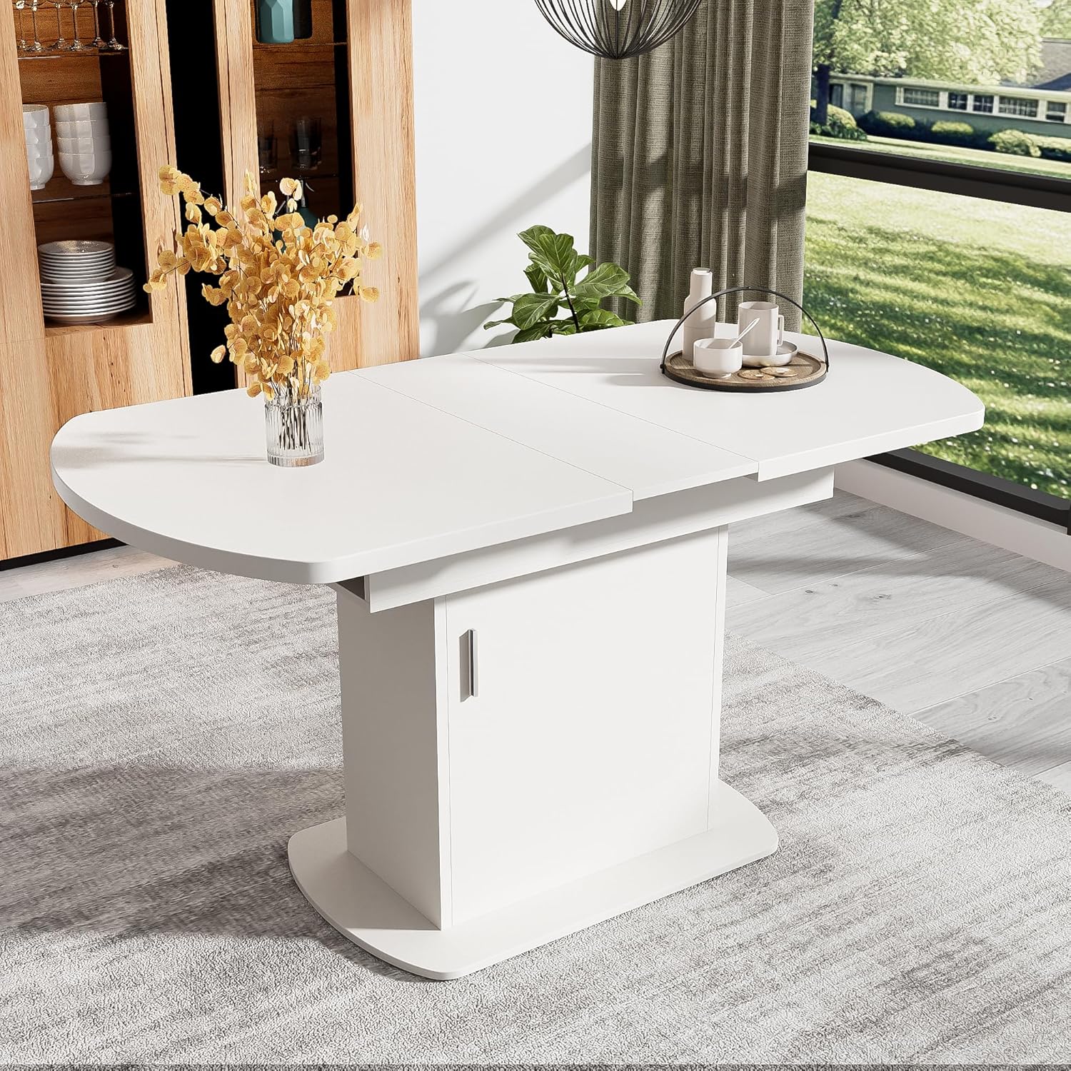 Esstisch Küchentisch Ovaler für 4-6 Personen, Esstisch Ausziehbar 110-130 x 70 cm, Esszimmertisch mit Stauraum Regal und Türen, Modern Tisch mit Tischplatte für Esszimmer Wohnzimmer (Weiß)