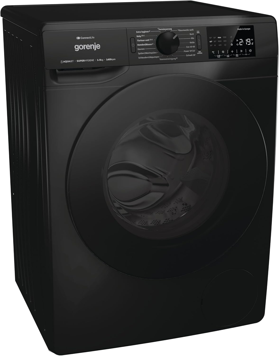 Gorenje WPNEI94A1DTSB Waschmaschine mit Dampffunktion/ConnectLife / 9Kg / 1400 U/min / 15 Programme/Totaler AquaStop/Wave Active Trommel/ExtraHygiene/PowerWash/Schnell Waschgang/EEK: A-10%