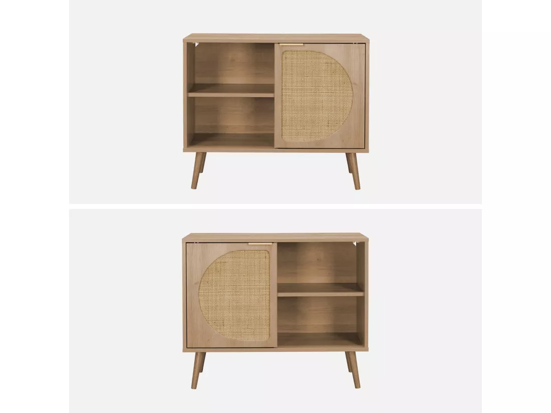 Buffet de rangement décor bois cannage arrondis. Eva. 1 portes réversible. deux niveaux. buffet bas. L80 x l39 x H65.8cm