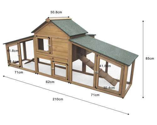 Kippenhok met ren, ca. 210 x 85 x 50 cm, hout, bruin/groen