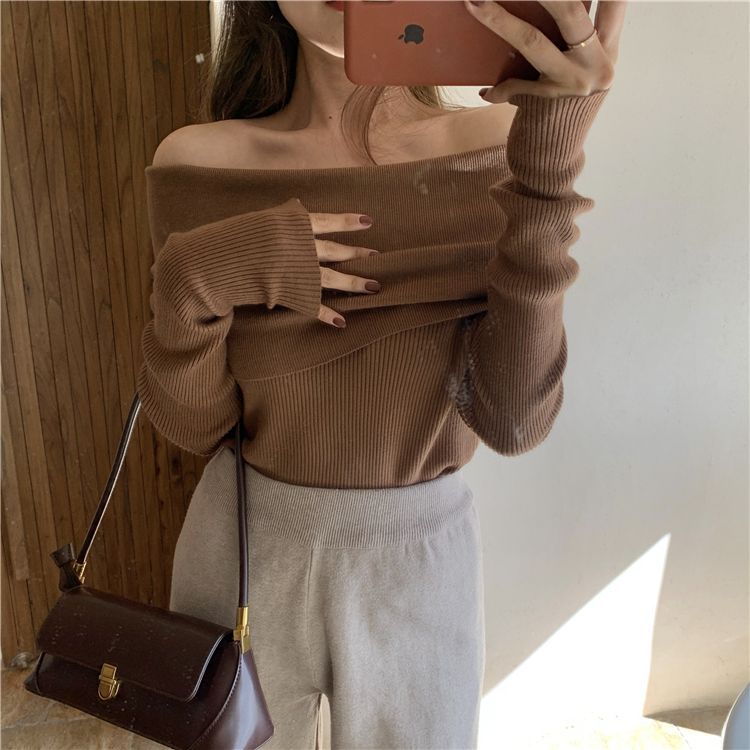 Alfie - Effen off-shoulder gebreide top met lange mouwen