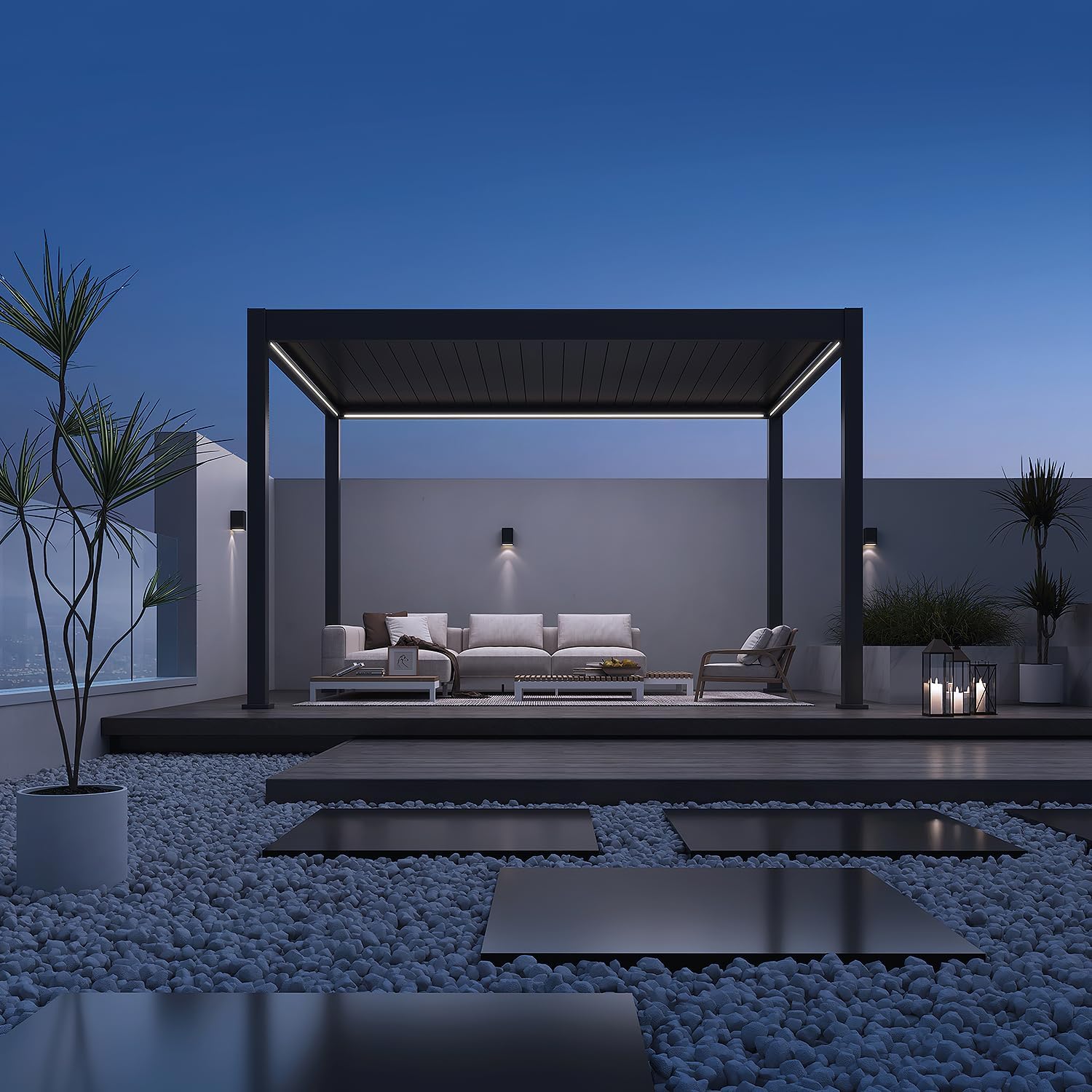 Pavillon Pergola 3,6x4m Terassenüberdachung freistehend mit Lamellendach elektrisch verstellbar LED Gartenpavillon wasserdicht stabil Winterfest Aluminium Weide Deluxe mit Fernbedienung Anthrazit